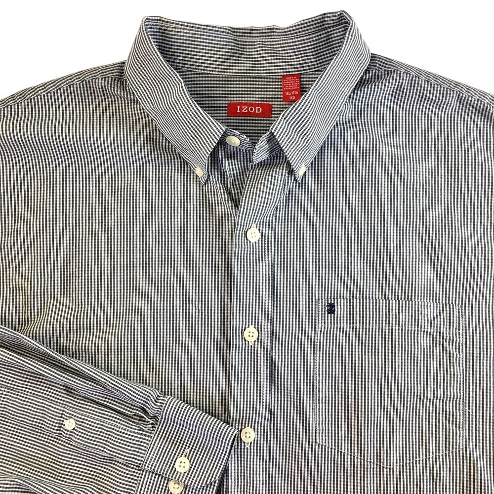IZOD Shirt Men's Size 1XL Dark Blue/White Plaid Long Sleeved button up Cotton
